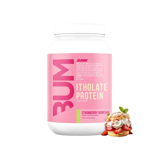 Envase de proteína Raw Cbum 1.8lb sabor Strawberry Bumcake.