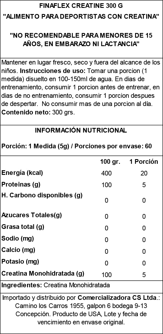 Envase de Creatina Monohidratada Finaflex 300g Sin Sabor
