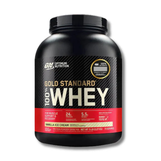 Envase de proteína Optimum Nutrition Gold Standard 5 Lb sabor Vainilla Ice Cream.