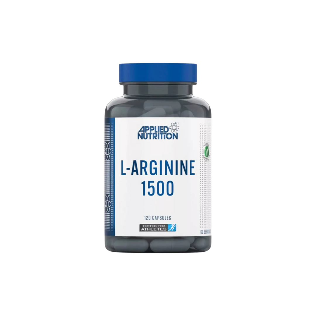 Botella de L-Arginina Applied Nutrition 1500mg con 120 cápsulas.