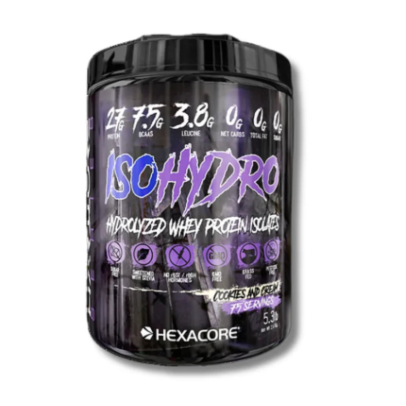 Envase de Proteína Hexacore ISO Hydro sabor cookies and cream.