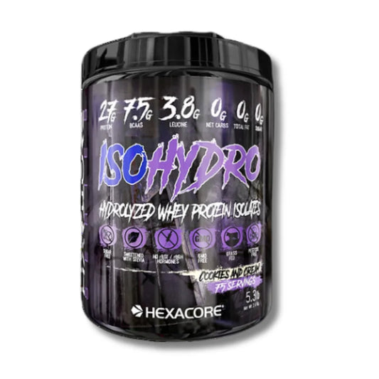 Envase de Proteína Hexacore ISO Hydro sabor cookies and cream.
