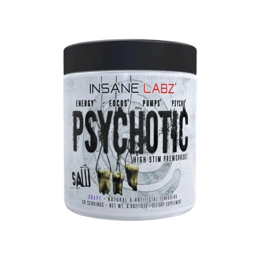 Envase de pre entreno Psychotic Insane Labz sabor uva.