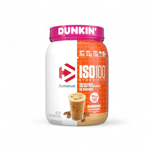 Envase de Proteína Dymatize ISO 100 sabor cappuccino.