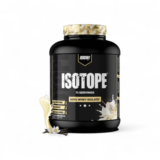 Envase de Proteína Isotope Redcon1 4.7 lbs sabor vainilla.