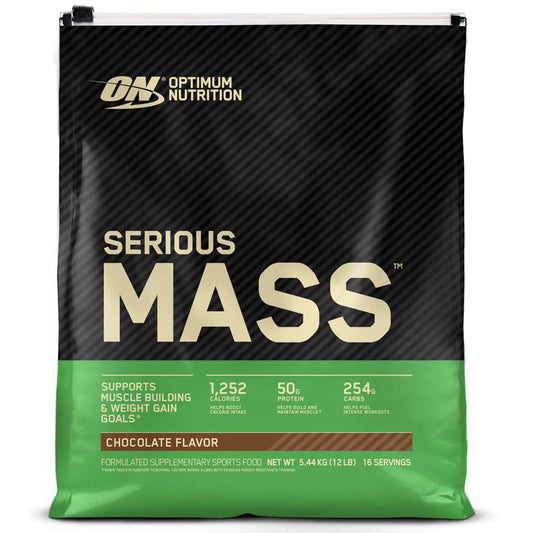 Bolsa de Serious Mass Optimum Nutrition sabor chocolate.