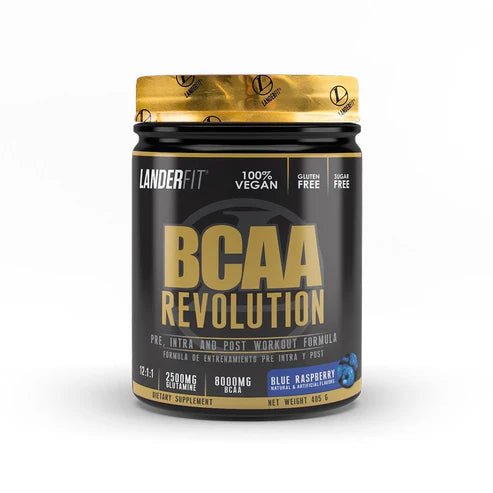 Envase de BCAA Revolution Landerfit sabor Blue Raspberry.