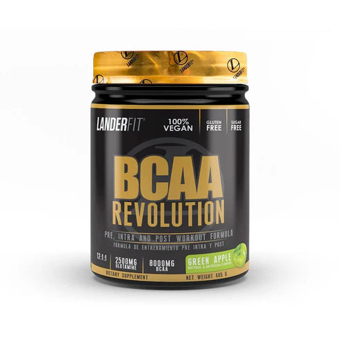 Envase de BCAA Revolution Landerfit sabor manzana verde.