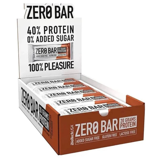 Caja de barras proteicas BiotechUSA Zero Bar sabor chocolate caramelo.