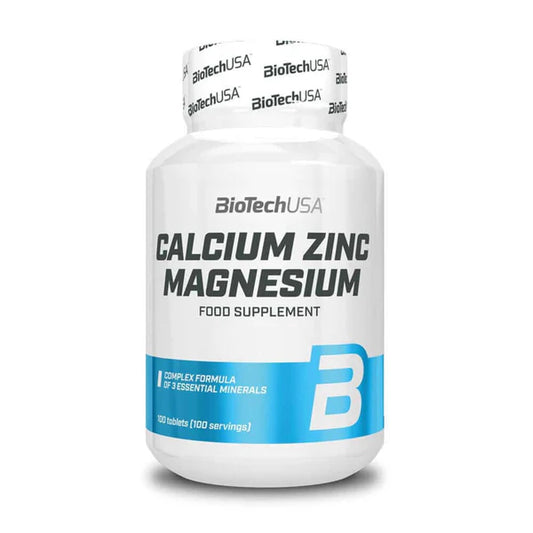 Botella de suplemento Calcio Zinc Magnesio Biotech 100 tabletas.