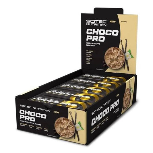 Caja de barras de proteína Chocopro sabor frutilla chocolate blanco.