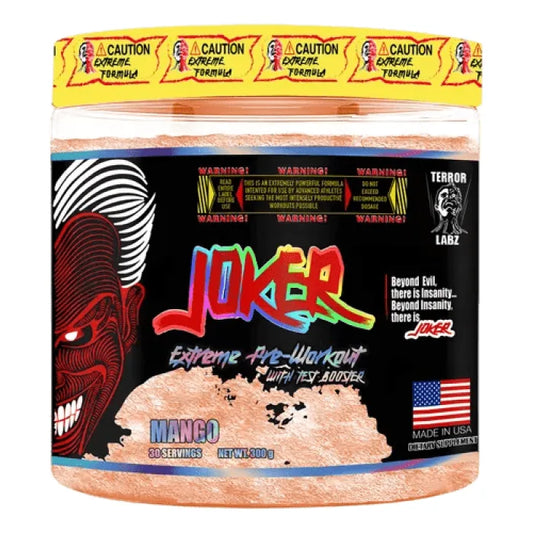 Envase de Pre Entreno Joker Extreme Terror Labz sabor mango.
