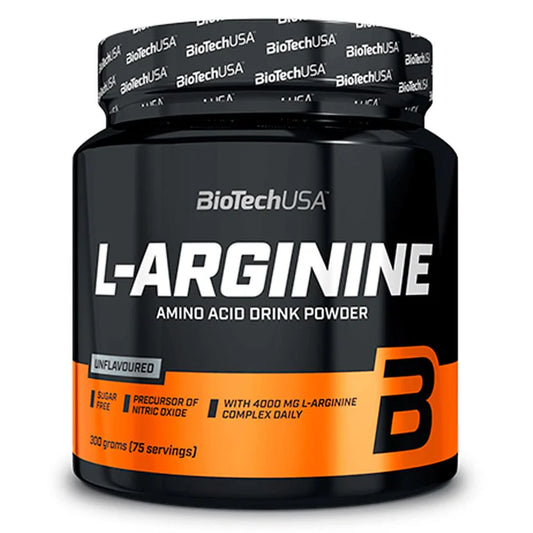 Envase de L-Arginina BiotechUSA 300gr sin sabor.