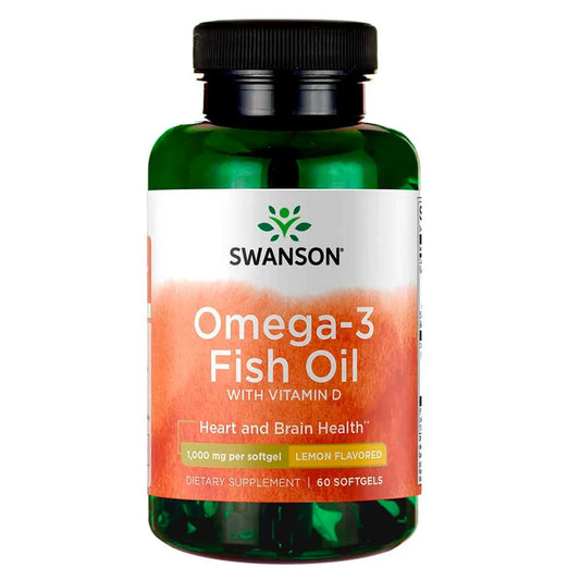 Botella de Omega 3 Swanson con 60 cápsulas y sabor a limón.