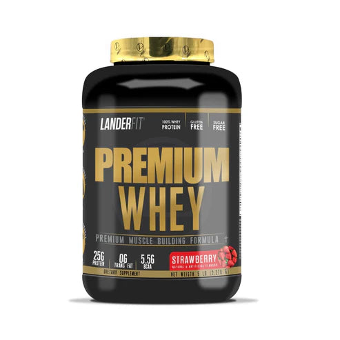 Envase de Proteína Landerfit Premium 5lbs sabor fresa.