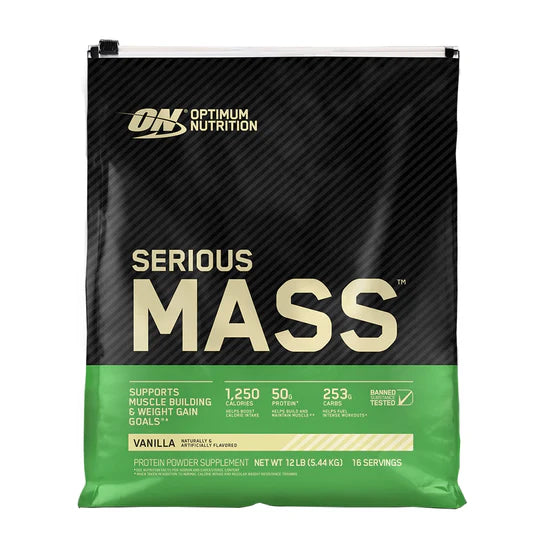 Bolsa de Serious Mass Optimum Nutrition sabor vainilla de 12 lbs.