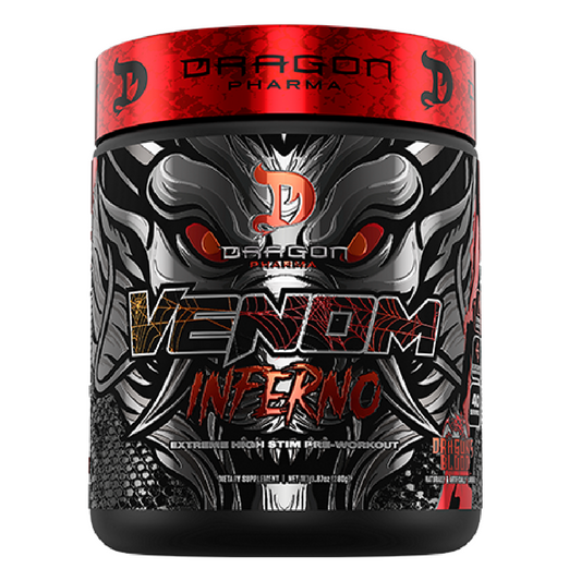 Envase de pre entreno Dragon Pharma Venom sabor Dragon's Blood.