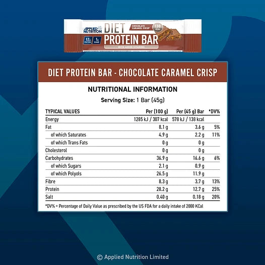 Caja de snacks proteicos Applied Nutrition sabor chocolate y caramelo salado