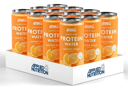 Latas de bebida proteica sabor naranja Applied Nutrition.