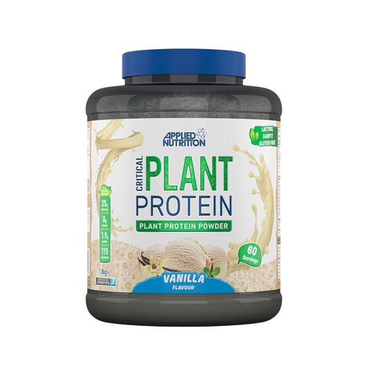Envase de proteína vegana Critical Plant Protein de Applied Nutrition sabor vainilla.