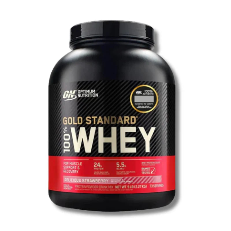 Envase de proteína Whey Optimum Nutrition sabor fresa de 5 libras.