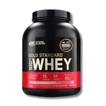 Envase de proteína Whey Optimum Nutrition sabor fresa de 5 libras.