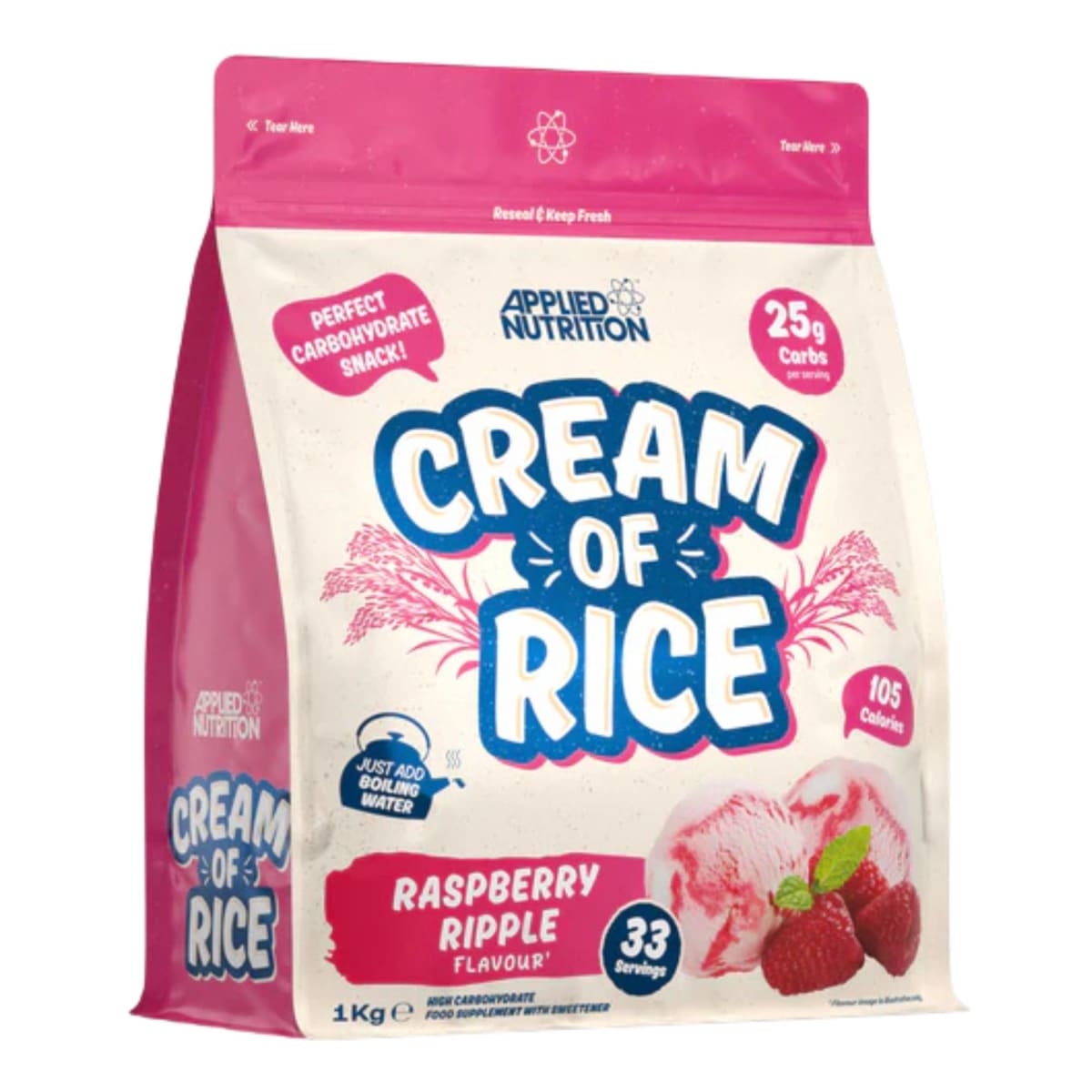 Paquete de Cream of Rice de Applied Nutrition sabor frambuesa.
