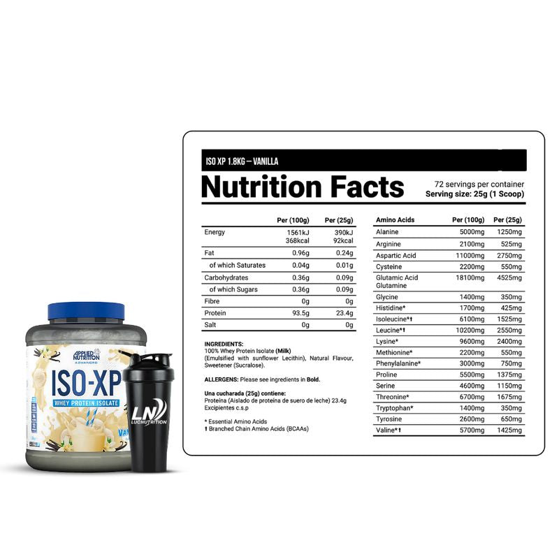 Envase de proteína en polvo ISO-XP de Applied Nutrition sabor vainilla.