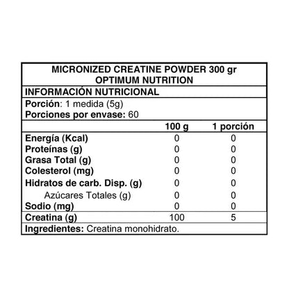 Envase de Creatina Monohidratada Optimum Nutrition 300g