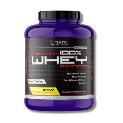 Envase de Proteína Ultimate Nutrition Prostar 5 lbs sabor banana.