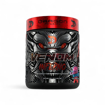 Envase de pre entreno Dragon Pharma Venom sabor algodón de azúcar.