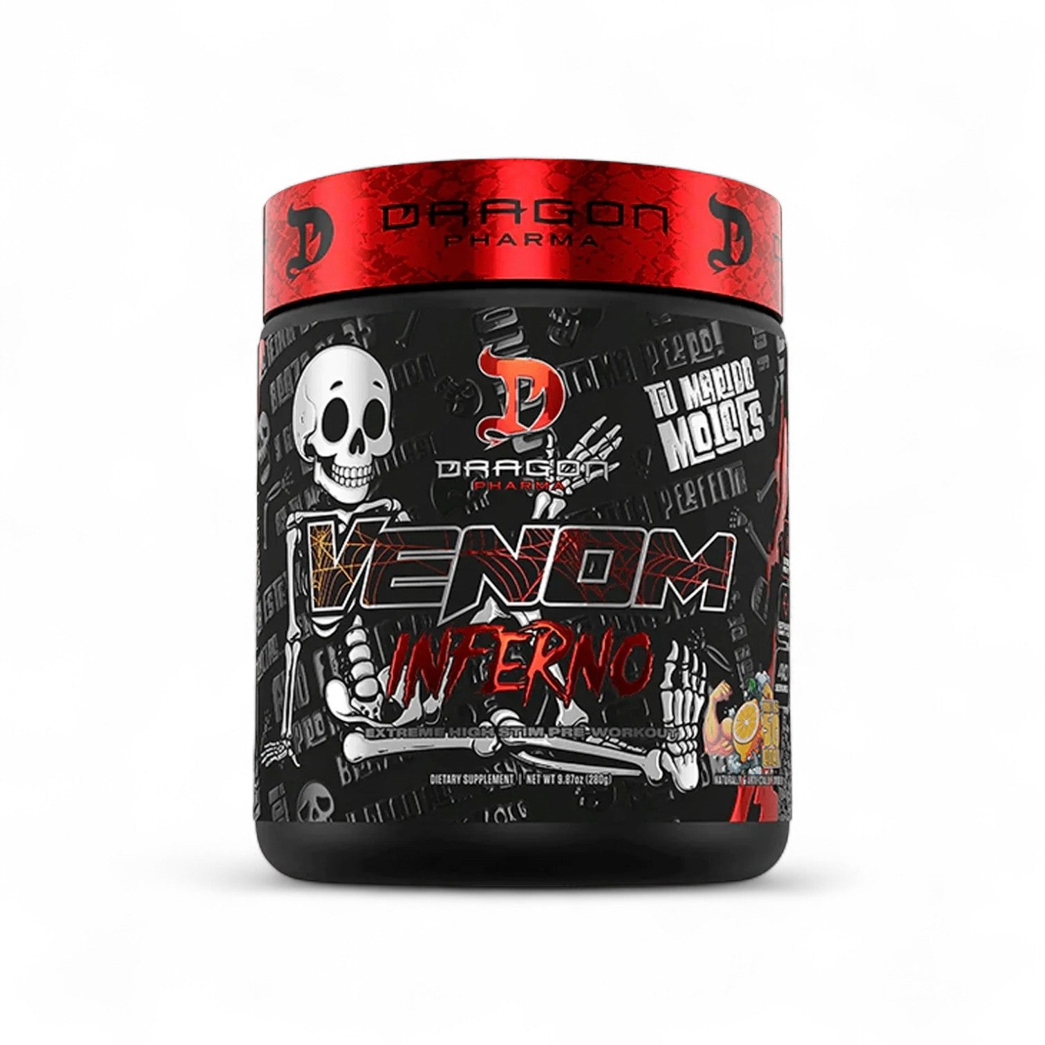 Envase del Pre Entreno Dragon Pharma Venom 40 Servicios Sabor Exclusivo.