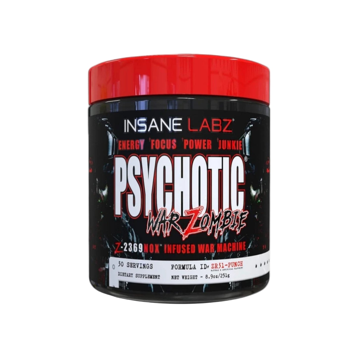 Envase de Pre Entreno Insane Labz Psychotic War Zombie 60 servicios.