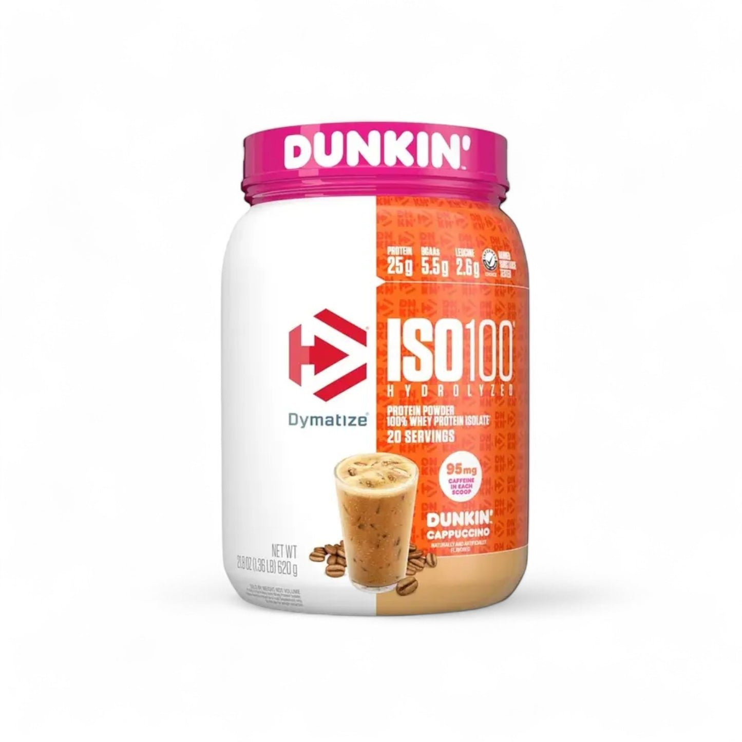 Envase de Proteína Dymatize ISO 100 sabor cappuccino.