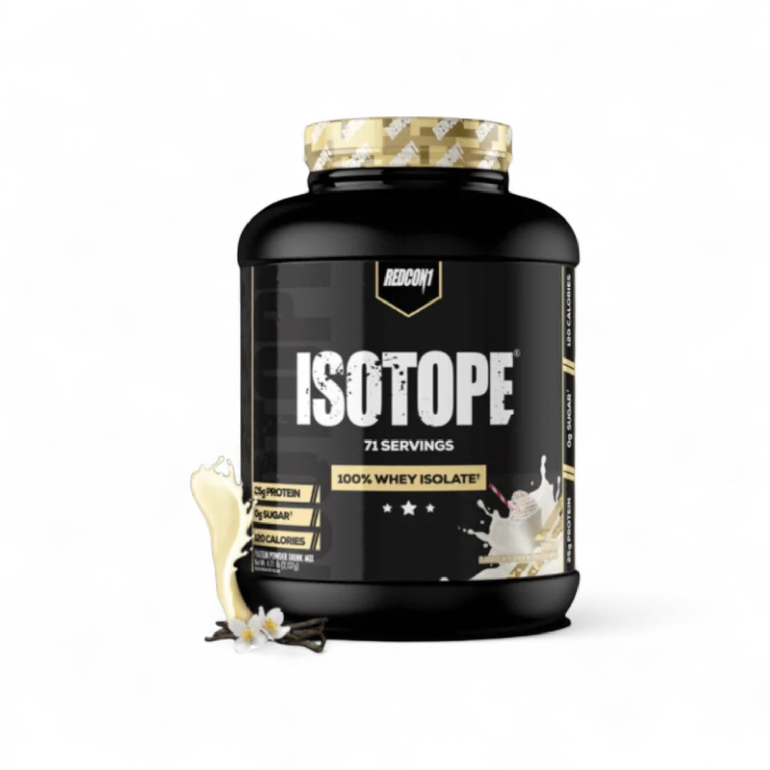 Envase de Proteína Isotope Redcon1 4.7 lbs sabor vainilla.
