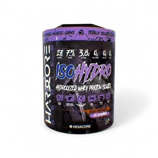 Envase de Proteína Hexacore ISO Hydro 5 lbs sabor chocolate.