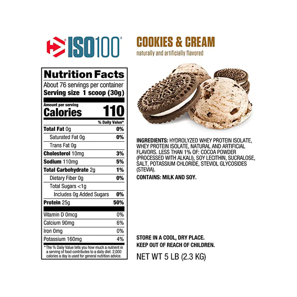 Envase de proteína Dymatize ISO 100 sabor Cookies de 2.3kg