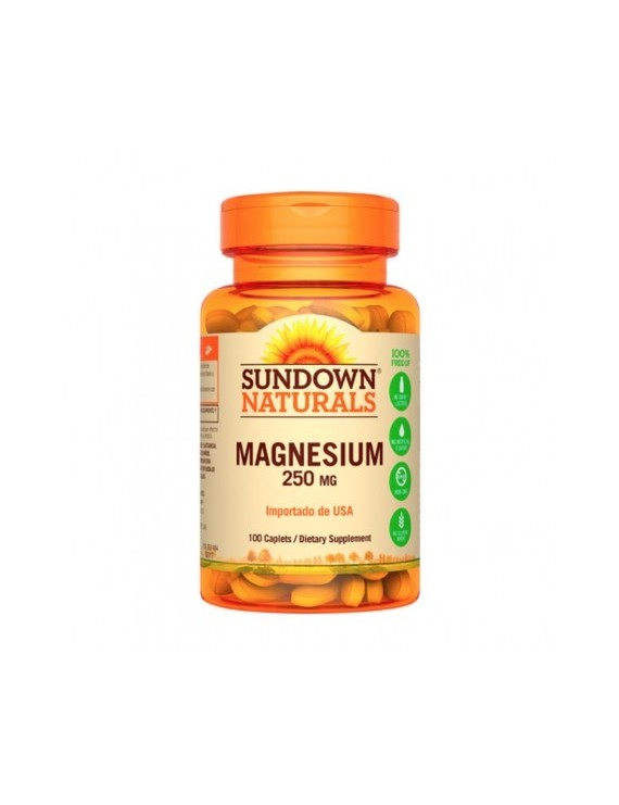Frasco de Magnesio Sundown 250mg, 100 tabletas.