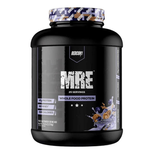Envase de proteína MRE Redcon1 sabor Blueberry Cobbler.