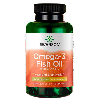 Botella de Omega 3 Swanson con 60 cápsulas y sabor a limón.