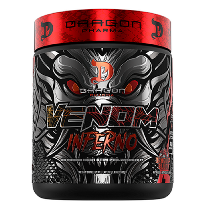 Envase de pre entreno Dragon Pharma Venom sabor Dragon's Blood.